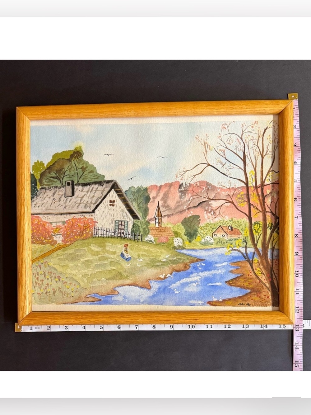 VTG Original Signed Watercolor Painting.Beautiful landscape country valley.